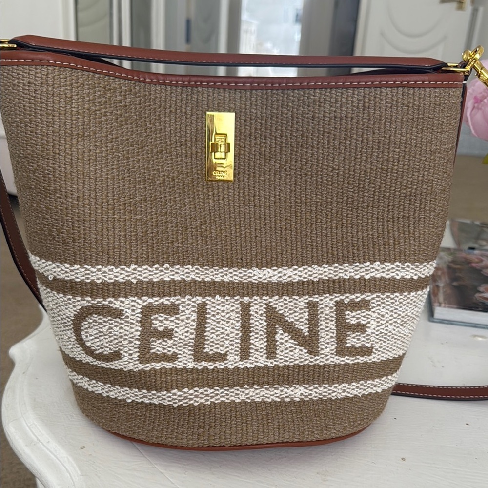Brown and White Woven Bucket Bag